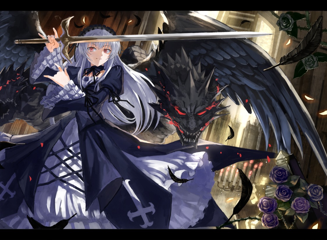 1girl \m/ black_flower black_rose black_wings blue_flower blue_rose commentary_request cross dragon dress feathers flower frills gothic_lolita hairband hat image inverted_cross letterboxed lolita_fashion long_hair open_mouth petals pink_rose purple_flower purple_rose red_eyes red_flower red_rose ribbon rose rose_petals rozen_maiden sharp_teeth silver_hair smile solo suigintou sword teeth ultimate_asuka weapon white_hair white_rose wings