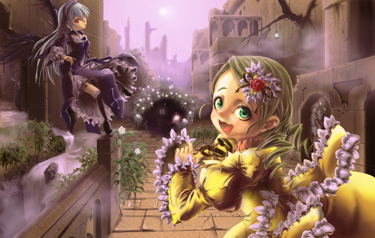 2girls dress flower frills green_eyes hair_ornament image kanaria long_hair long_sleeves multiple_girls pair smile suigintou wings