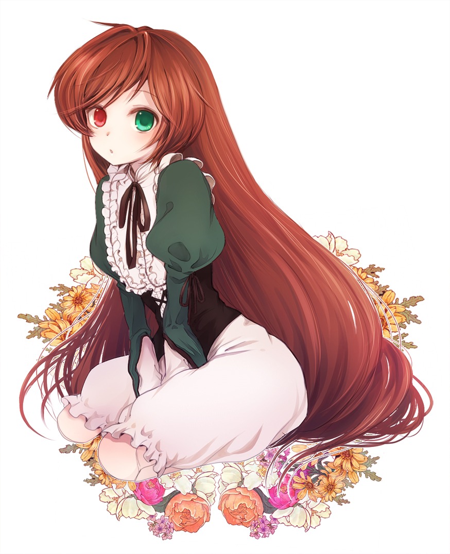 1girl brown_hair commentary_request dress flower frills full_body green_eyes heterochromia image long_hair long_sleeves looking_at_viewer photoshop_(medium) red_eyes rozen_maiden sitting solo striped suiseiseki tsukuru_(seki_sabato) very_long_hair
