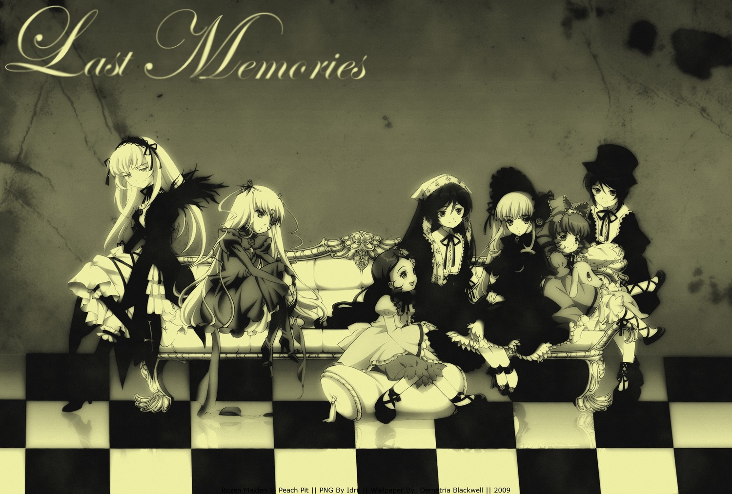 1boy 6+girls argyle argyle_background argyle_legwear black_rock_shooter_(character) board_game boots chair checkerboard_cookie checkered checkered_background checkered_floor checkered_kimono checkered_scarf checkered_skirt chess_piece cookie copyright_name crossed_legs diamond_(shape) dress flag floor gohei hair_ornament happy_halloween hat himekaidou_hatate holding_flag image instrument king_(chess) kiseru knight_(chess) long_hair map mop multiple multiple_girls on_floor perspective petals pillar pipe race_queen reflection reflective_floor ribbon rook_(chess) scythe shide shoes stone_floor tagme thighhighs tile_floor tile_wall tiles top_hat twintails vanishing_point violin wings