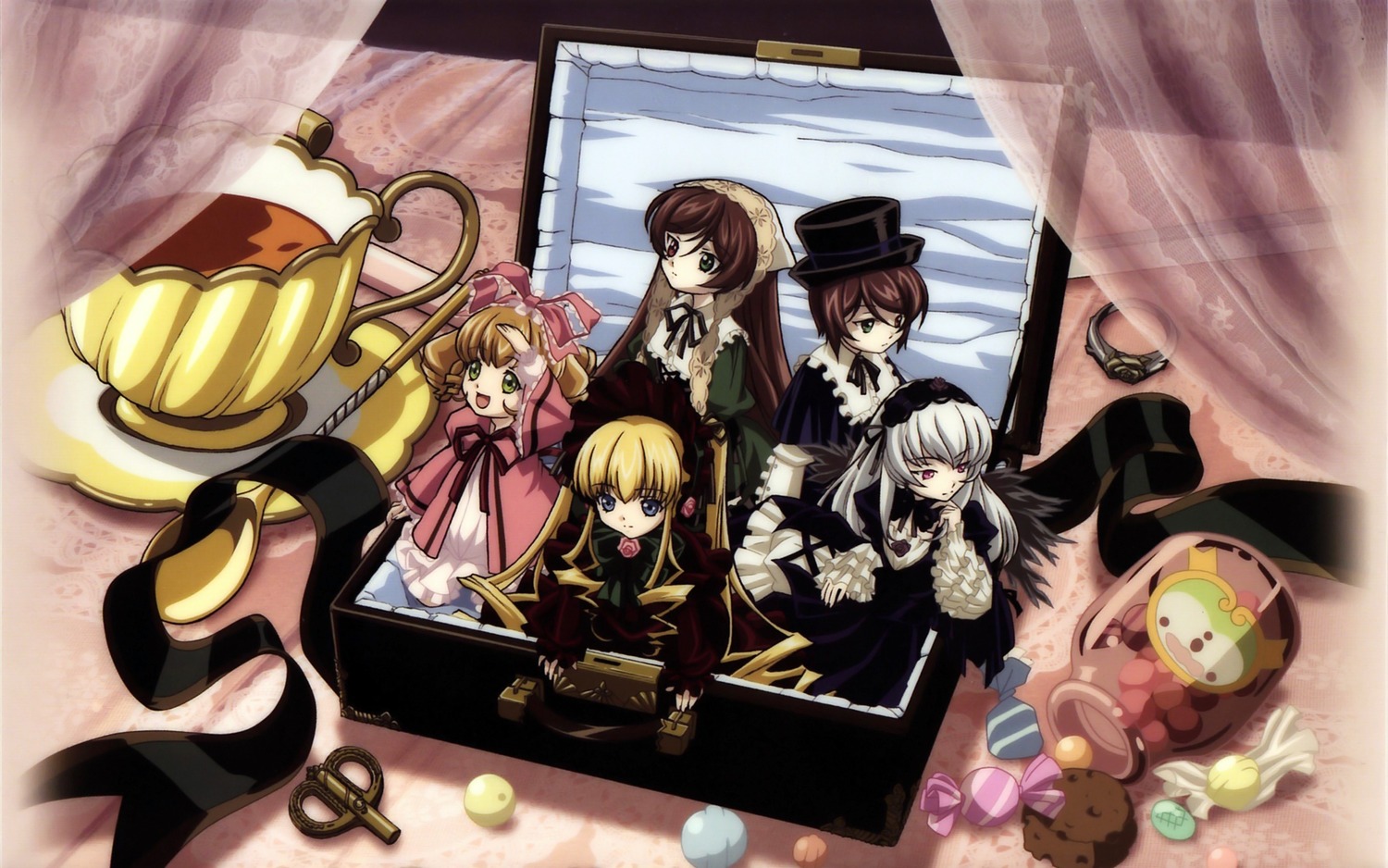 6+girls blonde_hair blue_eyes bow brown_hair cup dress green_eyes hairband hat hina_ichigo image long_hair multiple multiple_girls pink_bow pink_dress ribbon shinku short_hair silver_hair souseiseki suigintou suiseiseki tagme twintails wings