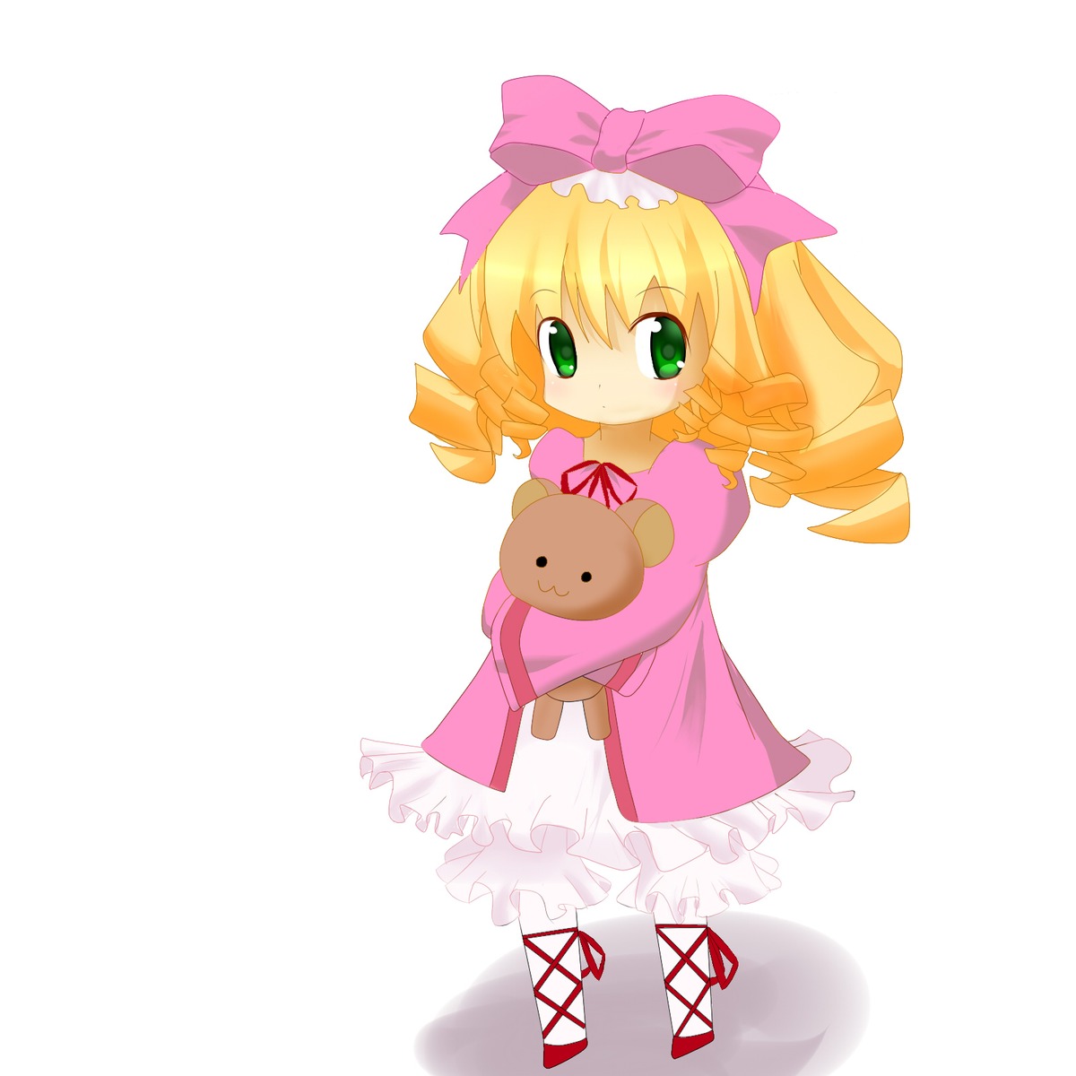 1girl blonde_hair bow dress drill_hair frills full_body green_eyes hina_ichigo hinaichigo image long_sleeves looking_at_viewer pink_bow pink_dress ribbon solo standing striped stuffed_animal teddy_bear