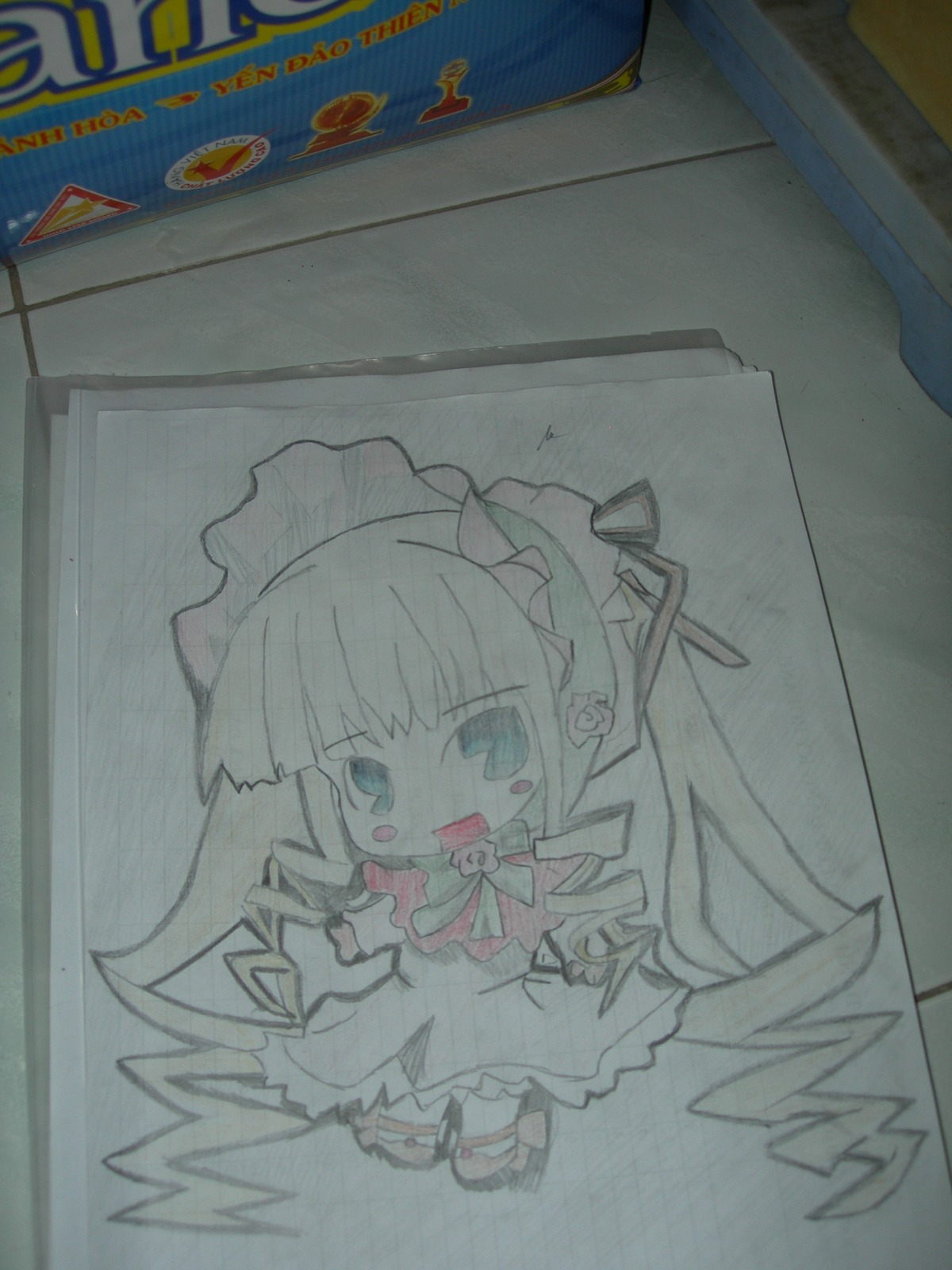 1girl chibi dress image long_hair open_mouth photo shinku solo standing traditional_media