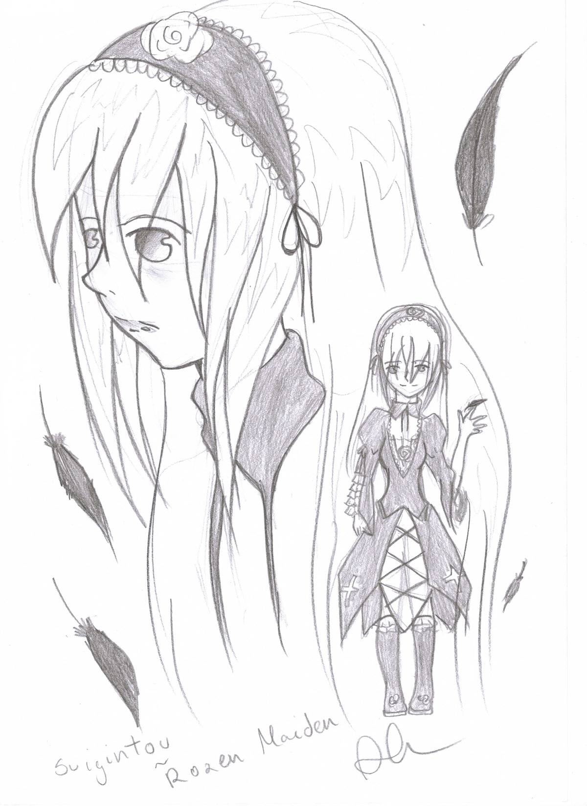 1girl auto_tagged black_feathers blush dress feathers full_body greyscale hairband image long_hair long_sleeves looking_at_viewer monochrome simple_background solo standing suigintou very_long_hair white_background wings