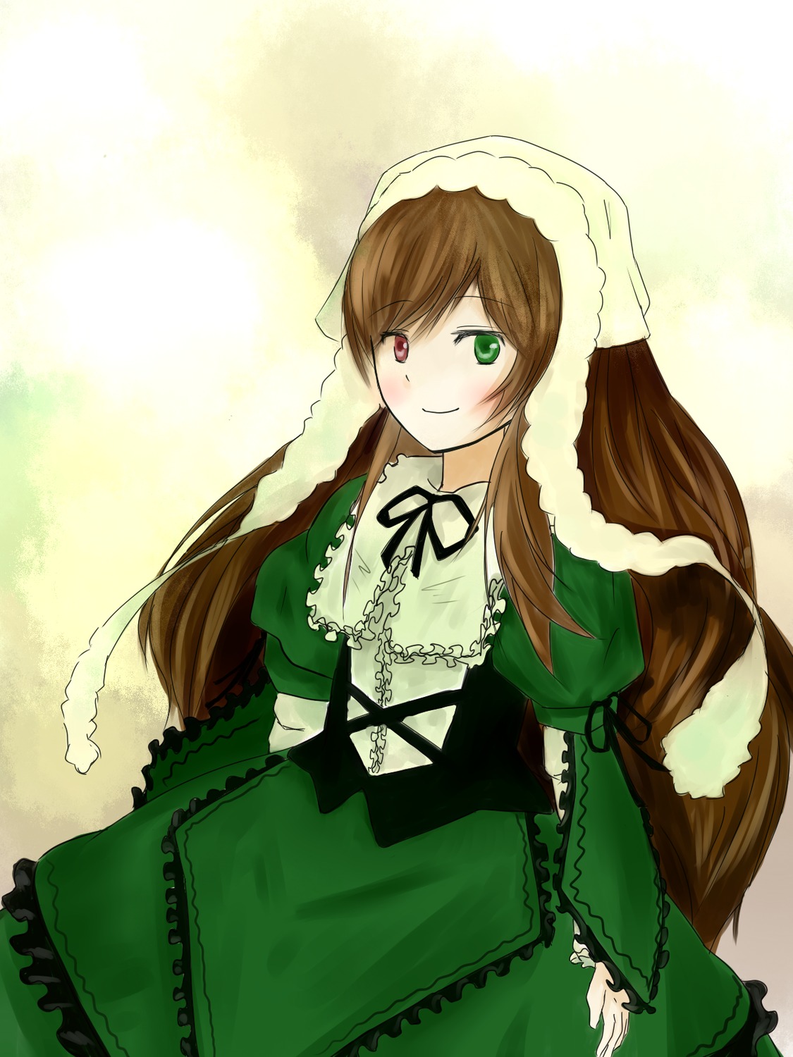 1girl brown_hair dress frills green_dress green_eyes heterochromia image long_hair long_sleeves looking_at_viewer red_eyes simple_background smile solo suiseiseki very_long_hair