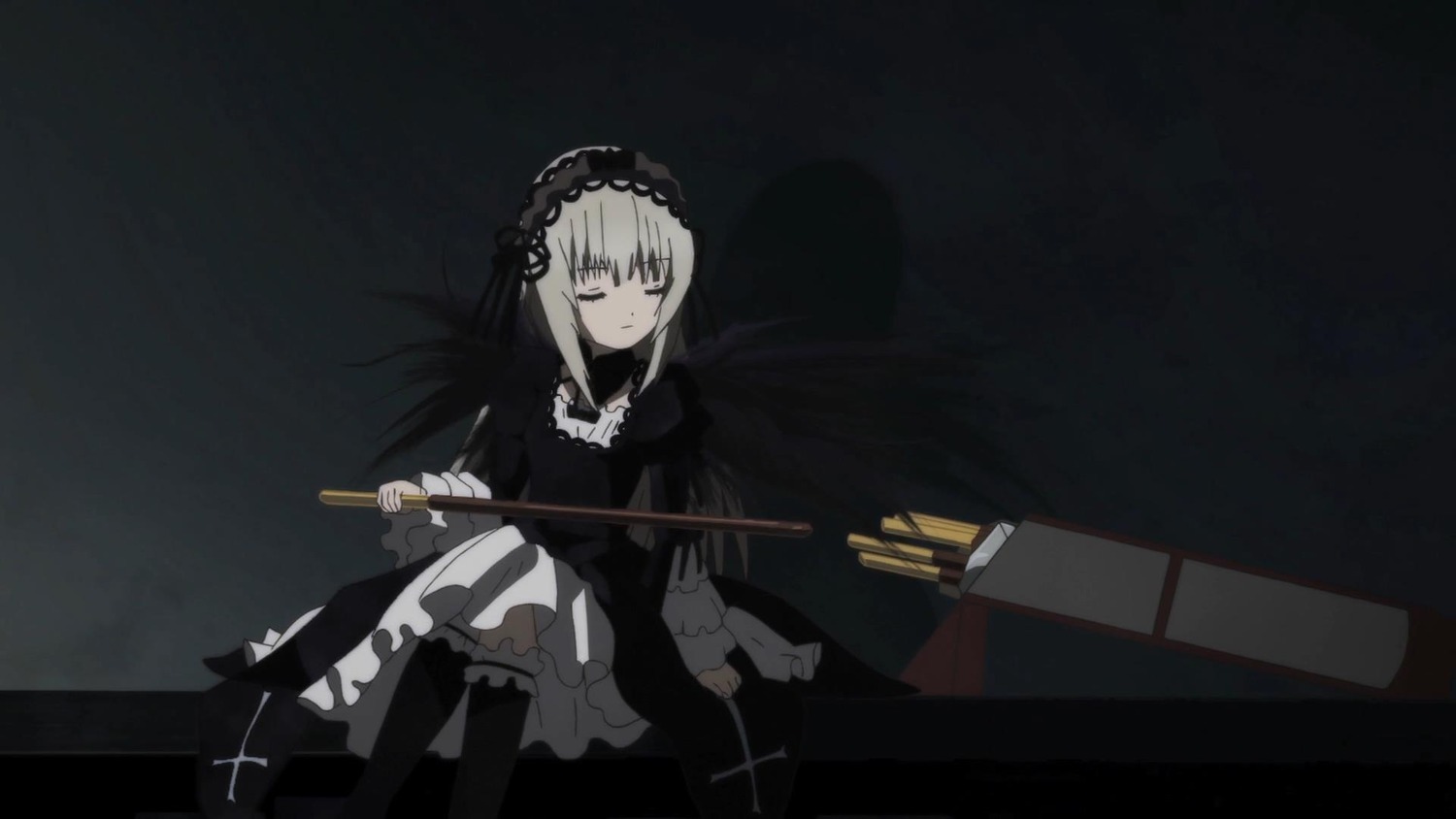 1girl black_dress black_legwear closed_eyes closed_mouth cross dress frills hairband holding image long_hair long_sleeves piano ribbon silver_hair sitting solo suigintou