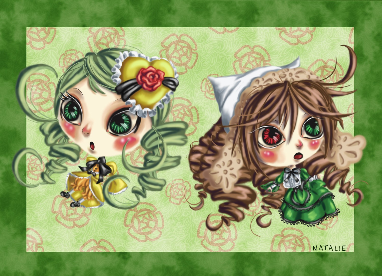 2girls :o brown_hair chibi dress drill_hair flower frills green_eyes hat image kanaria long_hair multiple_girls pair red_eyes rose suiseiseki traditional_media twin_drills