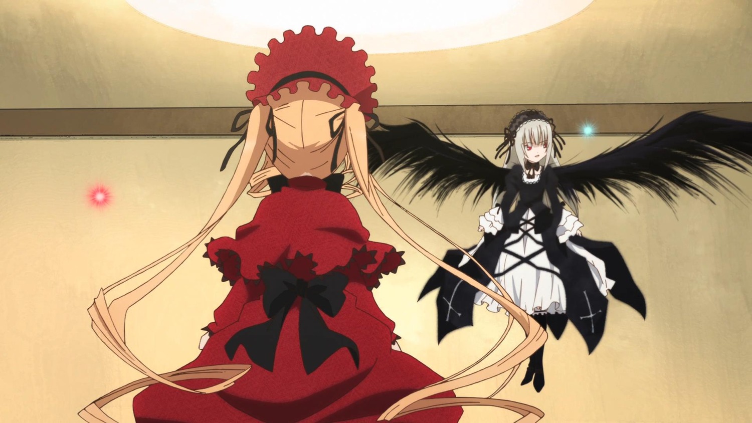 1girl black_wings blonde_hair bow dress frills hairband image long_hair long_sleeves pair ribbon rose shinku silver_hair standing suigintou twintails very_long_hair wings