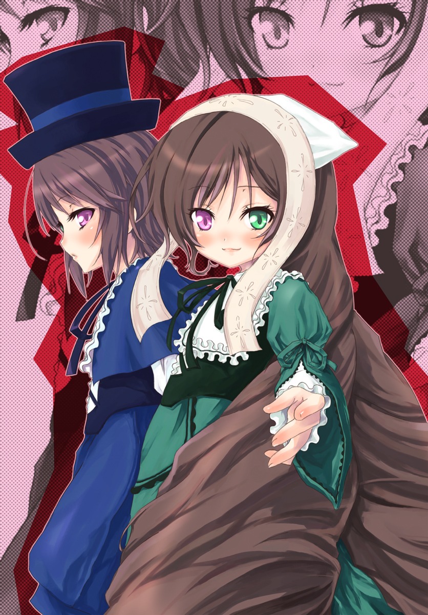 2girls brown_hair dress frills green_dress green_eyes hat heterochromia image long_sleeves multiple_girls pair purple_eyes short_hair siblings sisters smile souseiseki suiseiseki twins zoom_layer