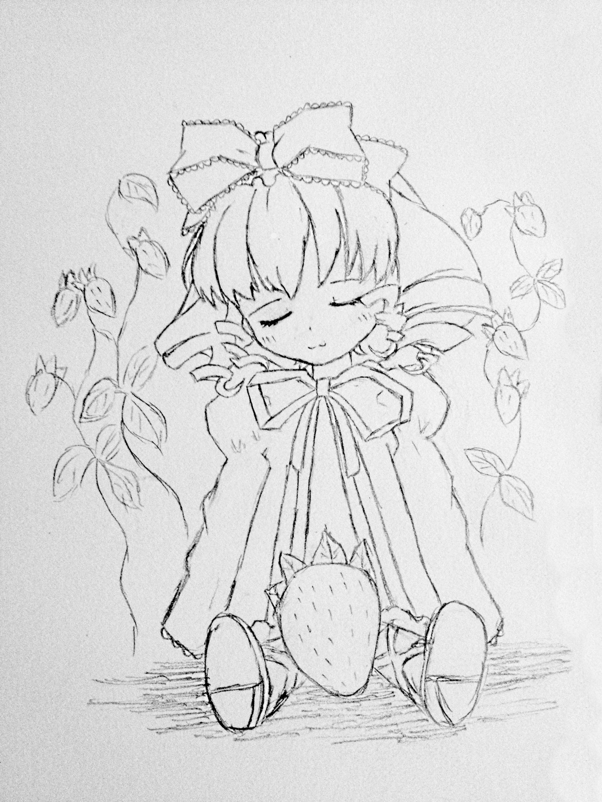 1girl bow closed_eyes greyscale hair_bow hinaichigo image long_hair monochrome ribbon solo traditional_media