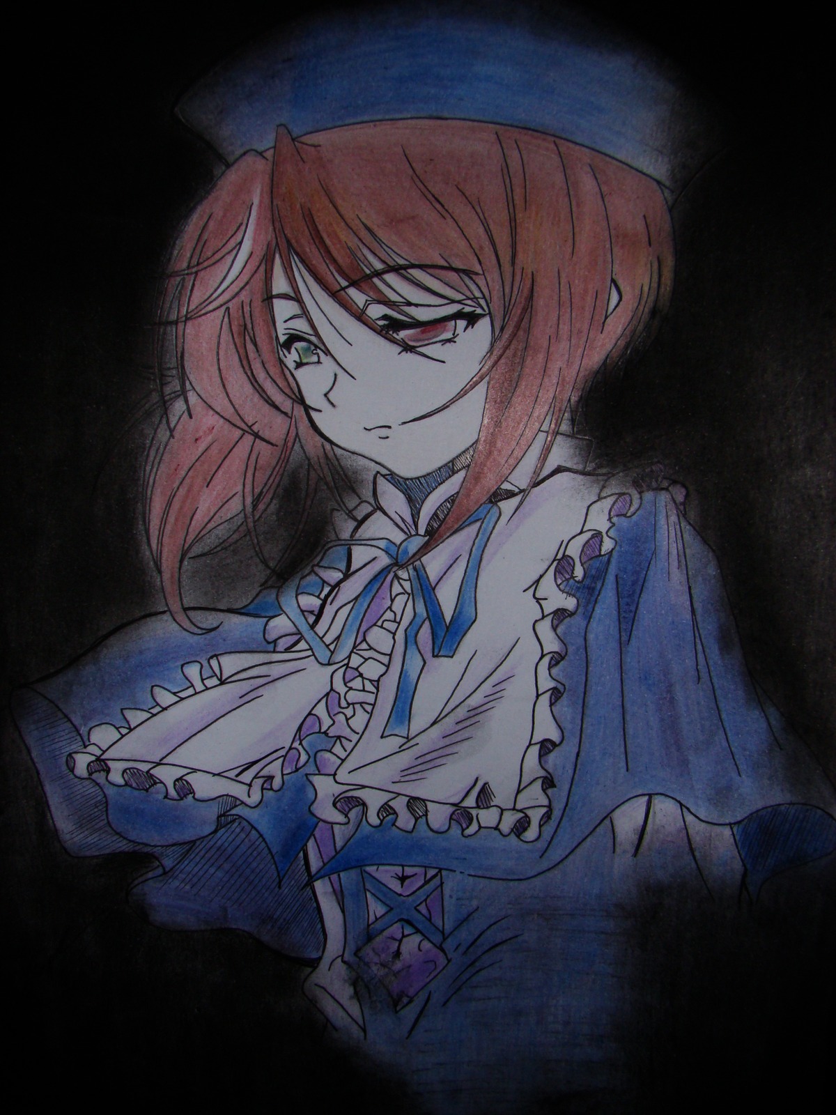 1girl black_background frills green_eyes hat image long_sleeves red_eyes saigyouji_yuyuko short_hair solo souseiseki traditional_media upper_body