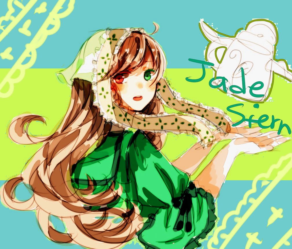1girl :d brown_hair dress green_background green_dress green_eyes heterochromia image long_hair long_sleeves looking_at_viewer open_mouth red_eyes simple_background smile solo suiseiseki upper_body very_long_hair