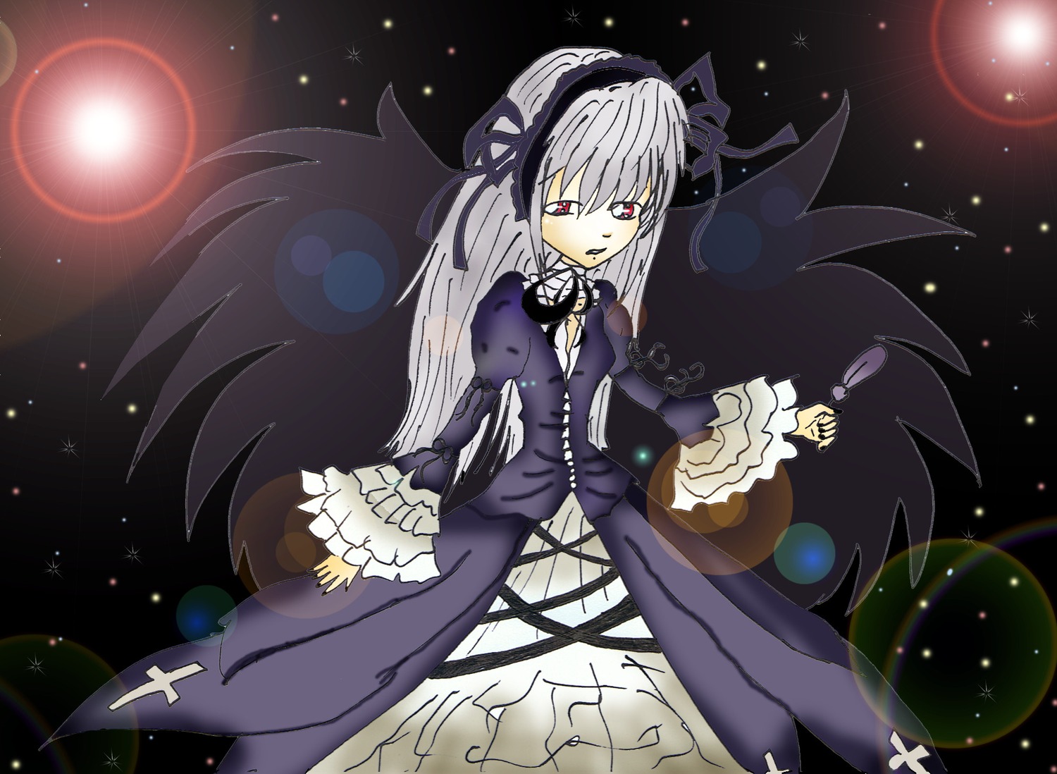 1girl black_dress black_wings dress flower frills hairband image juliet_sleeves lens_flare lolita_hairband long_hair long_sleeves looking_at_viewer moon night red_eyes rose silver_hair sky solo sparkle star_(sky) suigintou sun very_long_hair wings