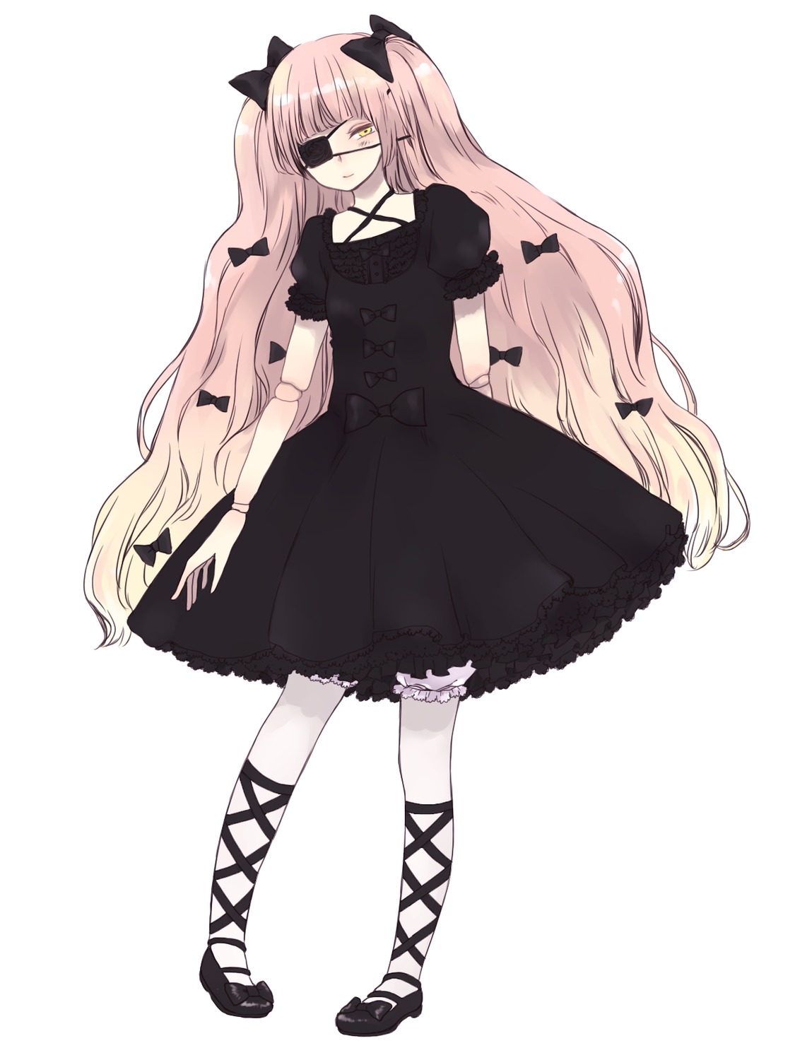 1girl black_bow black_dress black_footwear bow cross-laced_footwear dress eyepatch full_body hair_bow image kirakishou lolita_fashion long_hair pink_hair puffy_short_sleeves puffy_sleeves shoes short_sleeves solo striped two_side_up very_long_hair yellow_eyes