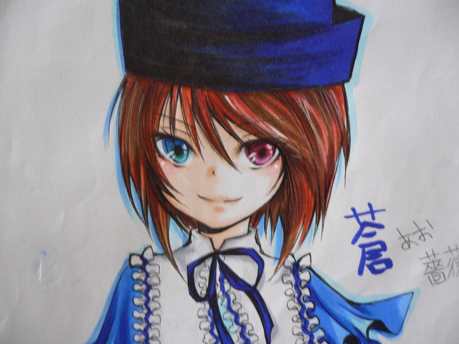 1girl bangs blue_headwear bow closed_mouth eyebrows_visible_through_hair frills hat heterochromia image looking_at_viewer red_eyes short_hair simple_background smile solo souseiseki traditional_media