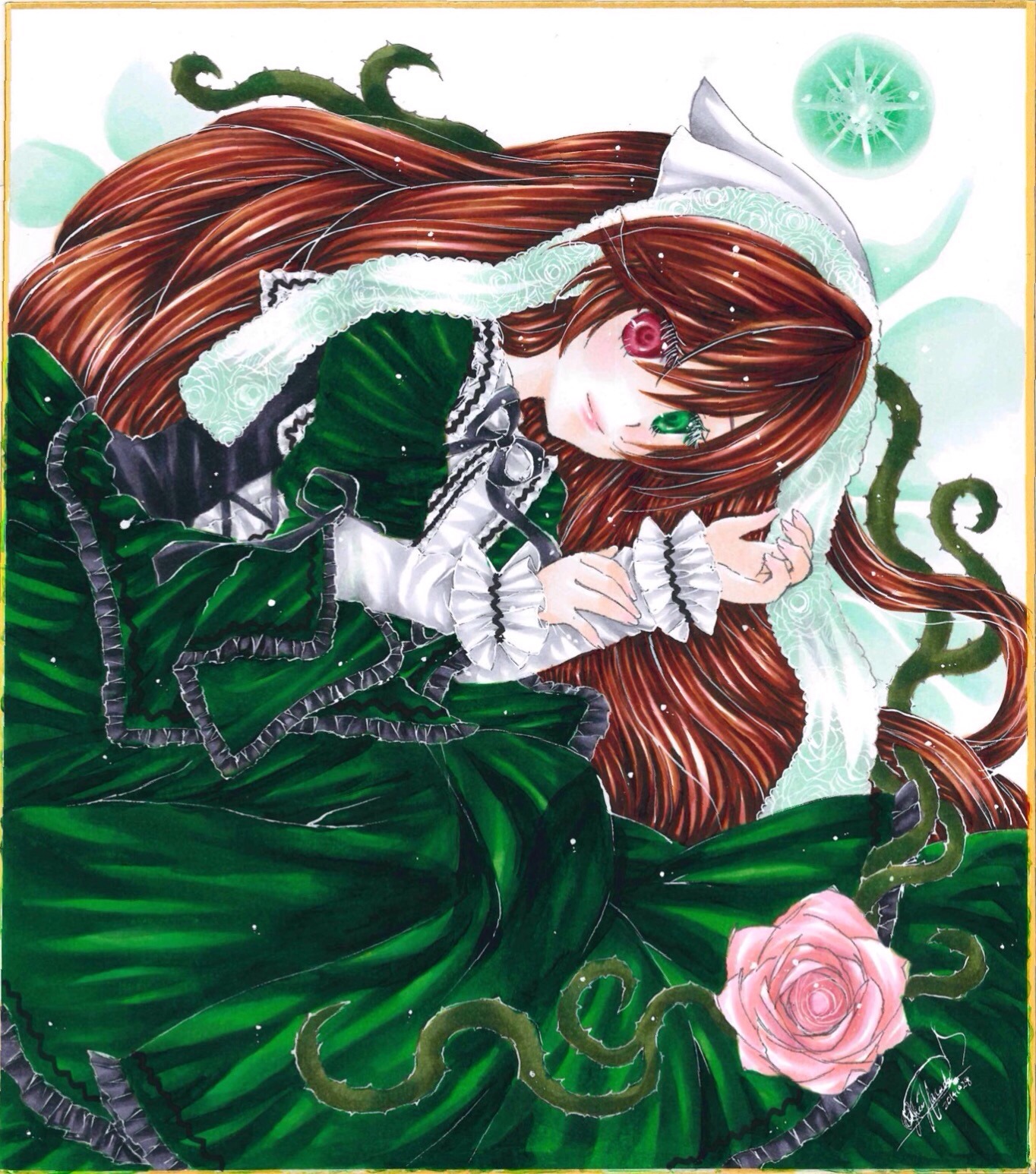 1girl brown_hair dress flower frills green_dress green_eyes head_scarf heterochromia image lolita_fashion long_hair long_sleeves looking_at_viewer marker_(medium) pair pink_rose red_eyes rose smile solo souseiseki suiseiseki traditional_media very_long_hair