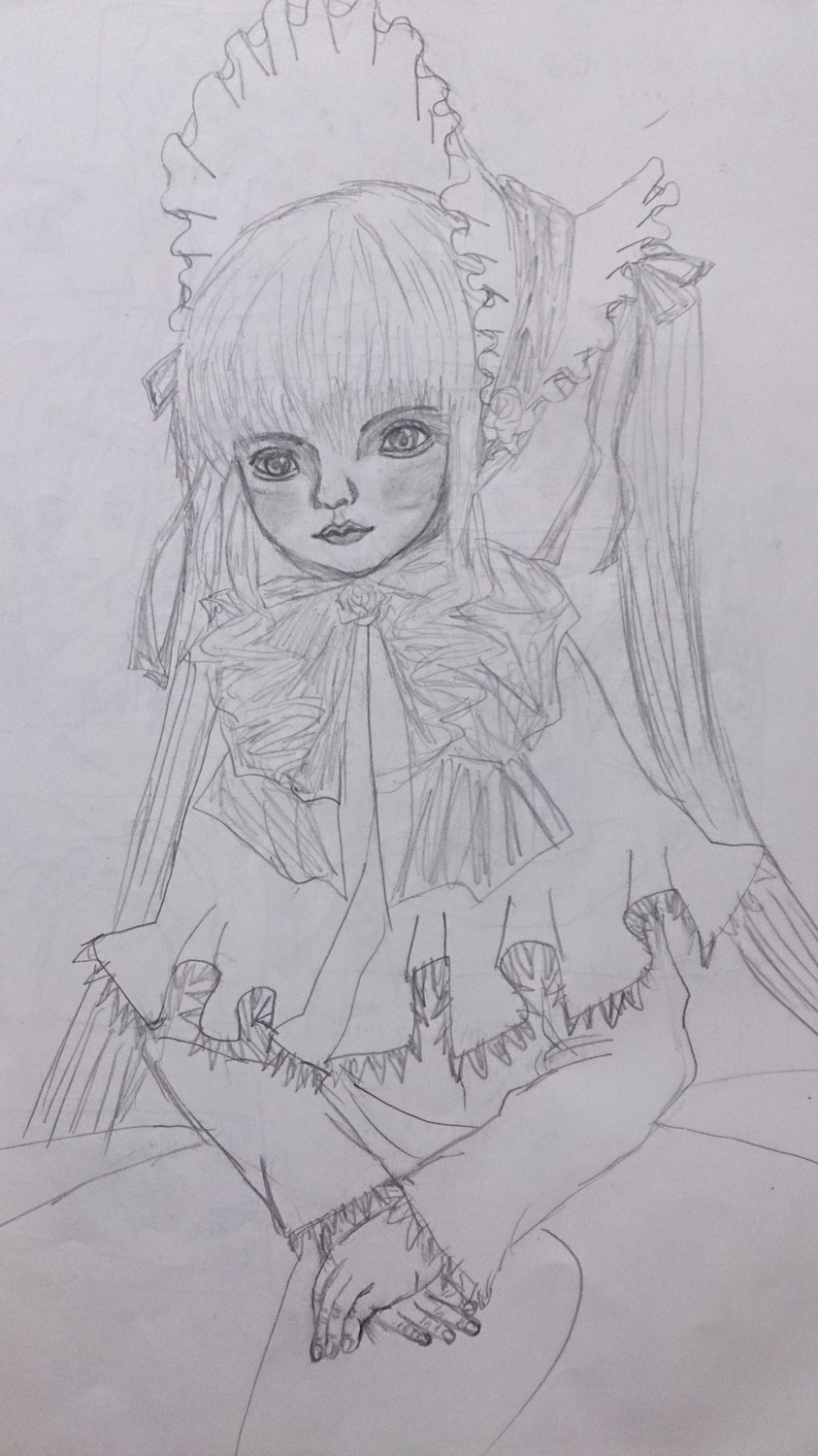 1girl bonnet dress drill_hair frills image lolita_fashion long_hair long_sleeves looking_at_viewer monochrome open_mouth photo shinku simple_background sketch smile solo traditional_media twintails