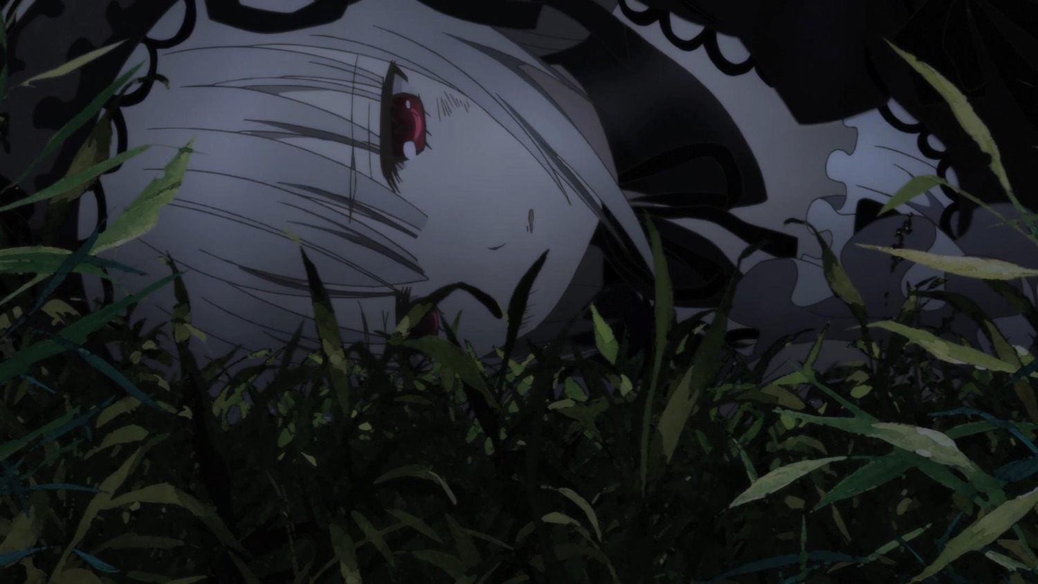 1girl bangs black_dress black_ribbon closed_mouth eyebrows_visible_through_hair flower grey_hair hair_ribbon image leaf long_hair looking_at_viewer one_eye_closed plant red_eyes ribbon solo suigintou