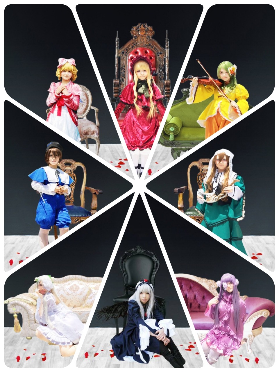 blonde_hair blue_eyes bow breasts brown_hair dress elbow_gloves flower frills gloves gun hair_flower hair_ornament hat holding japanese_clothes long_hair looking_at_viewer multiple_cosplay multiple_girls obi petals sash short_hair sitting smile striped sword tagme weapon wide_sleeves