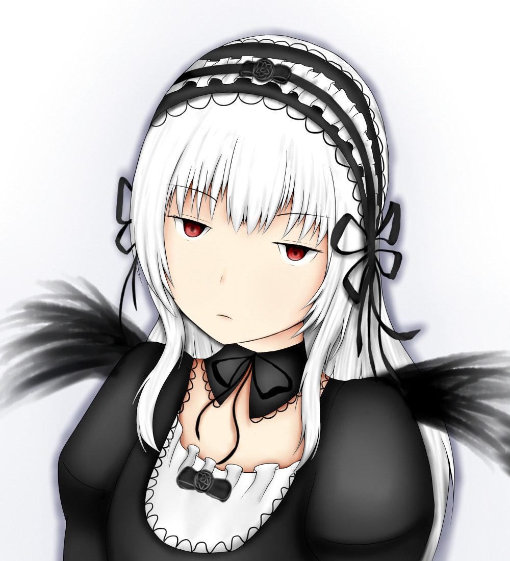 1girl bangs black_dress black_ribbon black_wings closed_mouth collarbone detached_collar dress feathered_wings feathers frills grey_background hairband image juliet_sleeves long_hair long_sleeves looking_at_viewer puffy_sleeves red_eyes ribbon silver_hair simple_background solo suigintou upper_body white_background wings