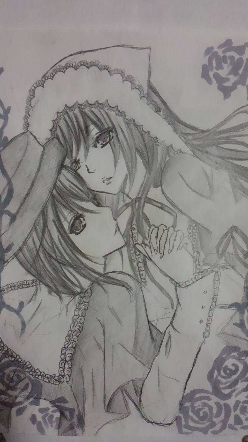 2girls chain flower hat holding_hands image interlocked_fingers lace long_hair long_sleeves monochrome multiple_girls pair rose souseiseki suiseiseki yuri