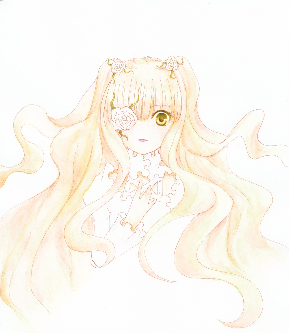 1girl bangs blonde_hair dress eyepatch flower frills hair_flower hair_ornament image kirakishou long_hair pink_hair rose simple_background solo striped striped_background vertical_stripes very_long_hair white_flower white_rose yellow_eyes