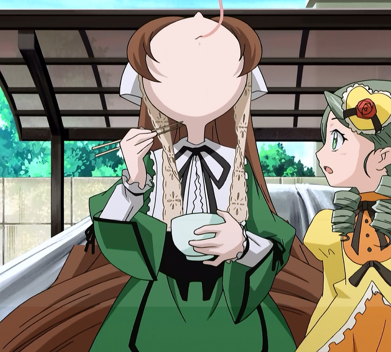 brown_hair dress eating flower green_dress green_eyes green_hair hat image kanaria long_sleeves pair suiseiseki window