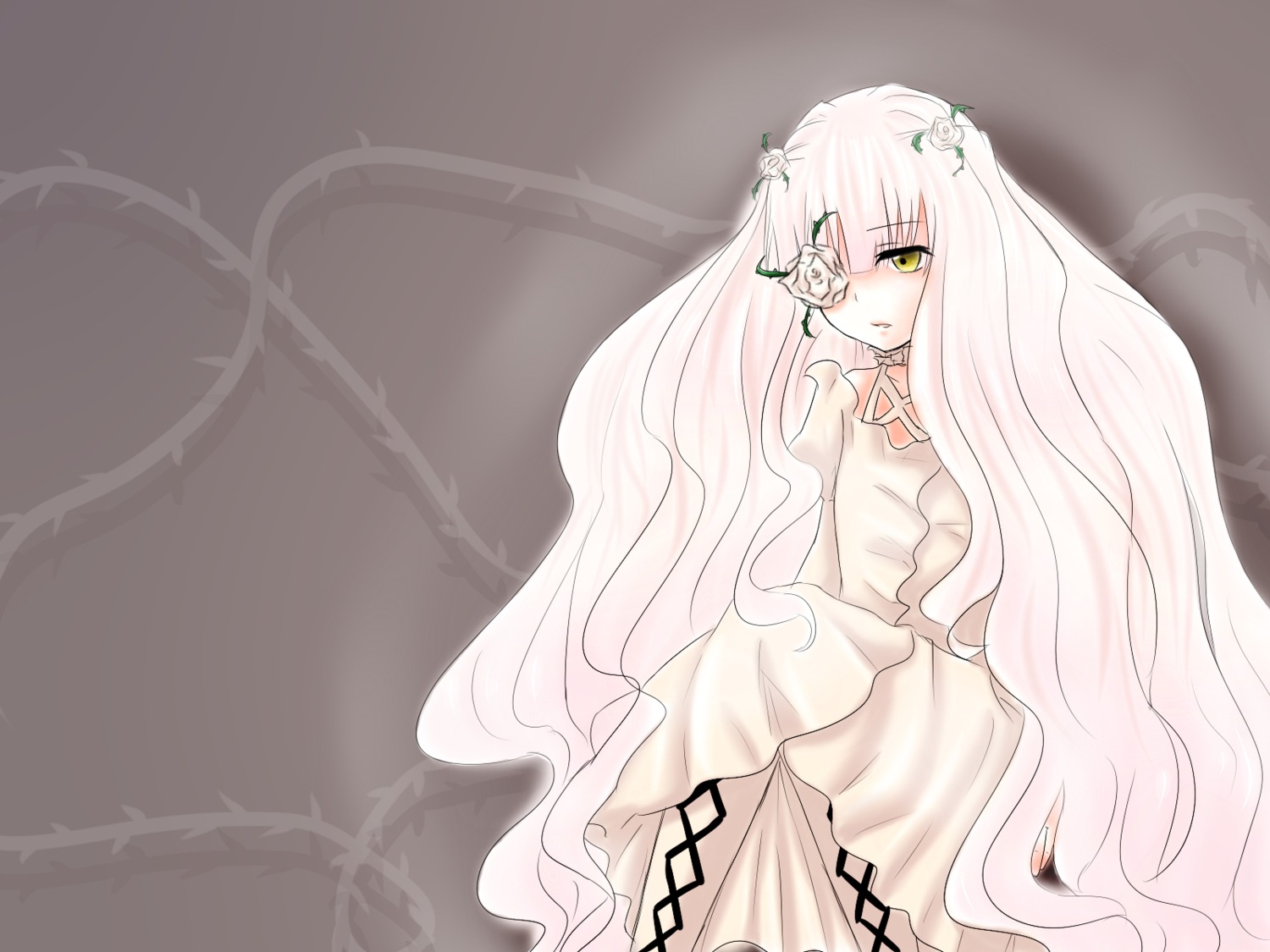 1girl dress expressionless eyepatch flower hair_flower hair_ornament image kirakishou long_hair long_sleeves pink_hair rose sitting solo thorns very_long_hair vines white_dress white_hair yellow_eyes