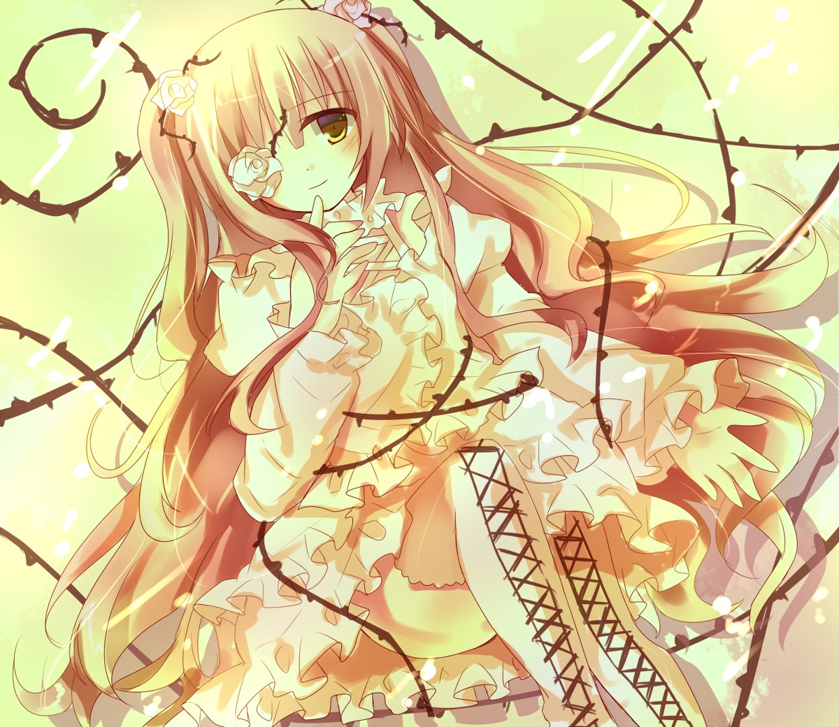 1girl blonde_hair boots cross cross-laced_footwear dress eyepatch flower frills hair_flower image kirakishou long_hair long_sleeves plant ribbon rose sitting solo thighhighs thorns two_side_up very_long_hair vines yellow_eyes