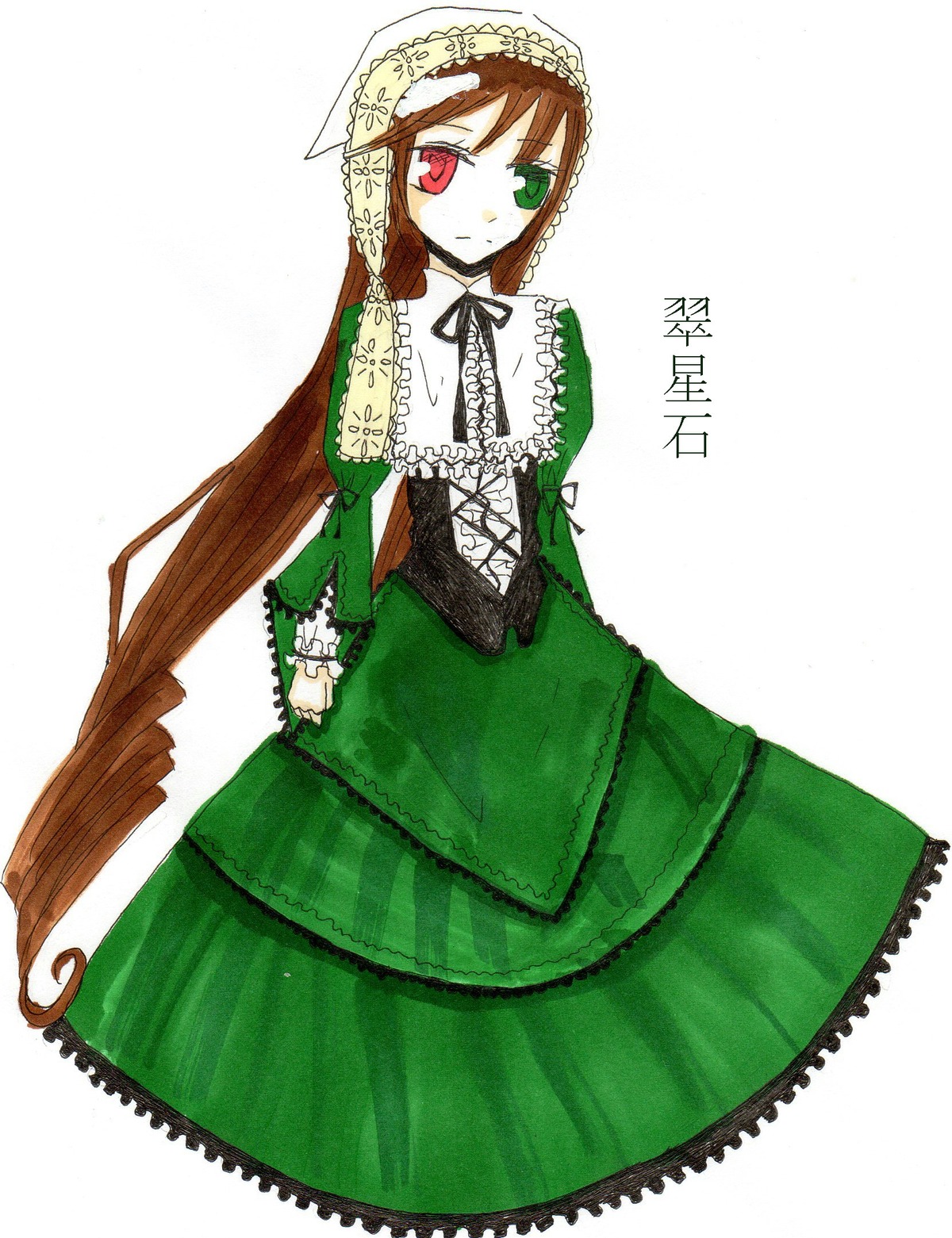 1girl brown_hair corset dress frills green_dress green_eyes heterochromia image long_hair long_sleeves looking_at_viewer red_eyes ribbon simple_background solo standing suiseiseki very_long_hair white_background