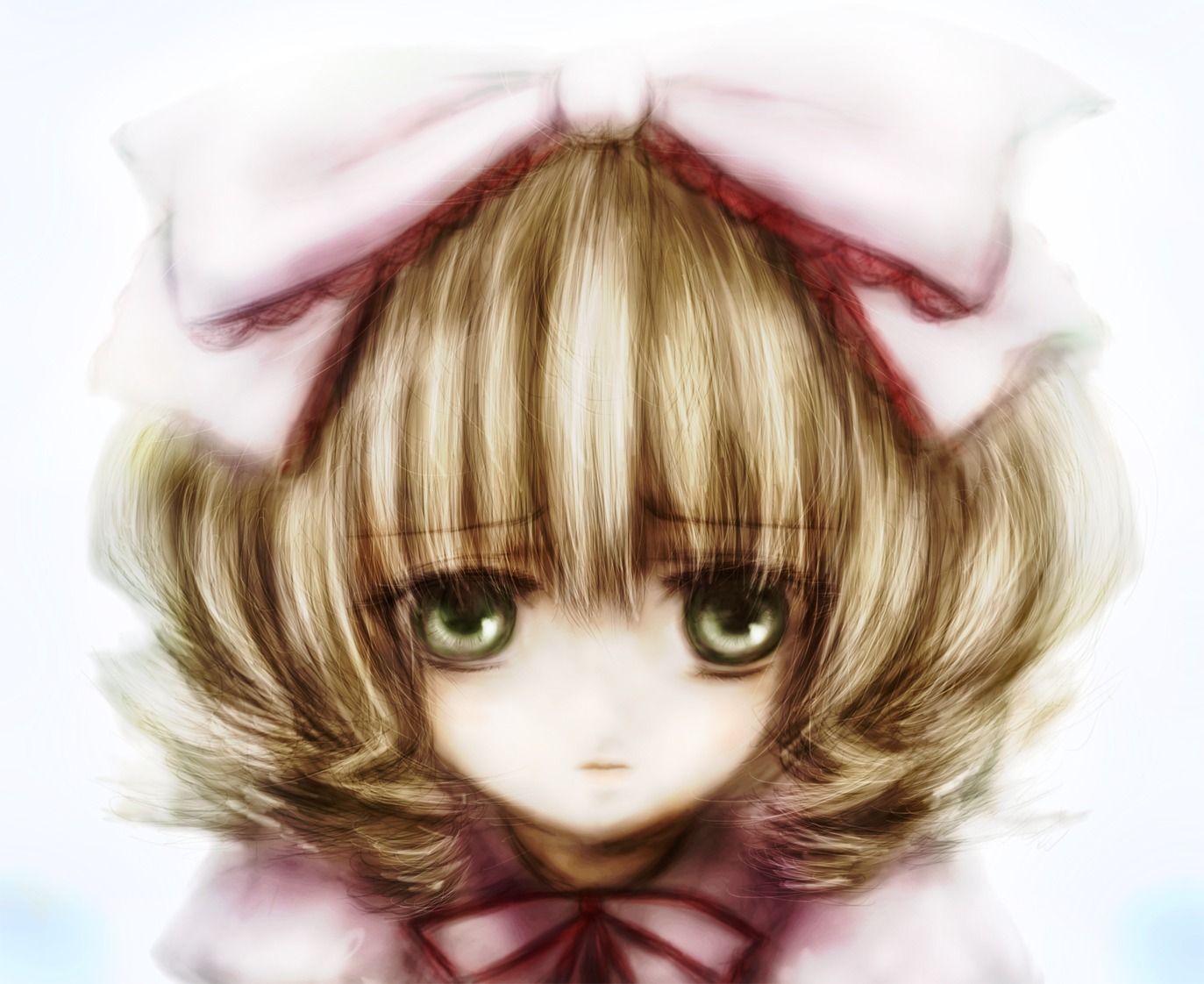 1girl auto_tagged blonde_hair green_eyes hat hinaichigo image looking_at_viewer mob_cap portrait ribbon short_hair simple_background solo upper_body