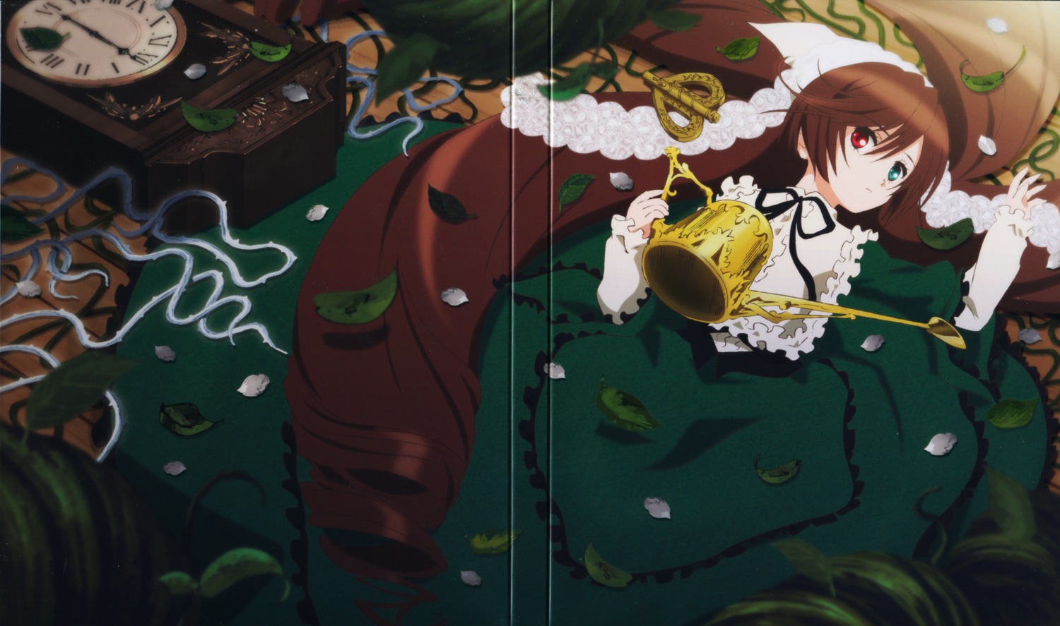 1girl brown_hair dress frills green_dress hat heterochromia image petals red_eyes solo souseiseki suiseiseki water watering_can