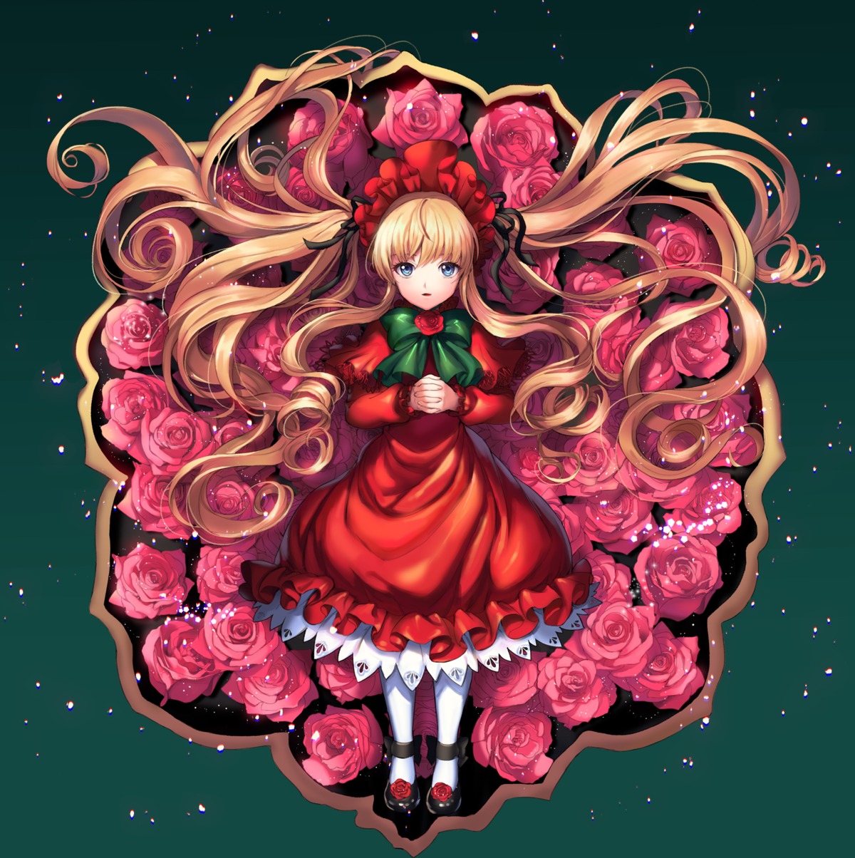 1girl blonde_hair blue_eyes bow bowtie dress flower full_body green_bow image lolita_fashion long_hair looking_at_viewer mary_janes pantyhose pink_flower pink_rose red_capelet red_dress red_flower red_rose rose rose_petals shinku shoes solo thorns twintails very_long_hair vines