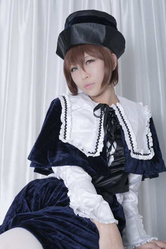 1girl bangs brown_hair closed_mouth curtains frills hat lips long_sleeves looking_at_viewer realistic sitting skirt solo striped vertical_stripes white_legwear