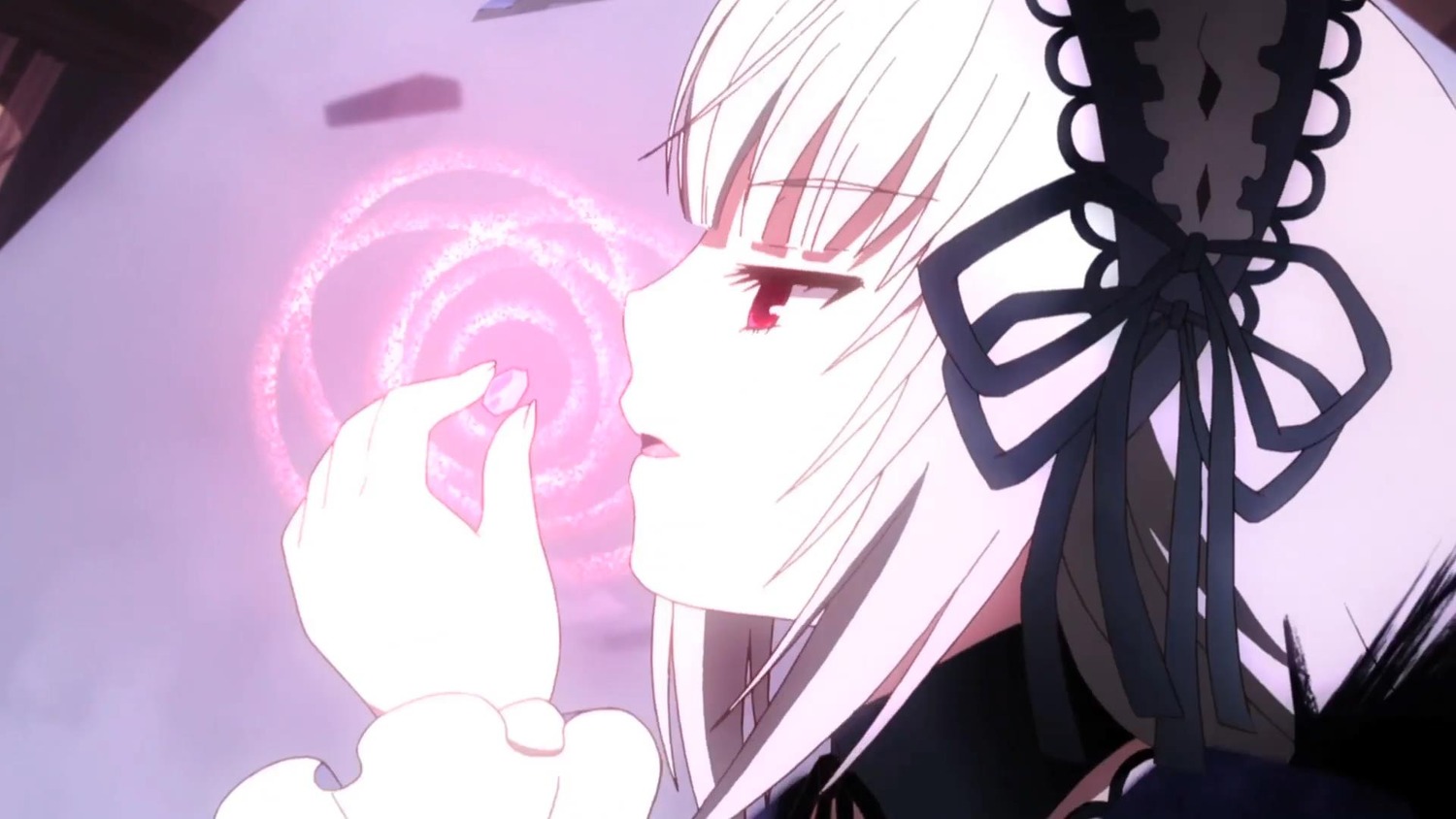 1girl bangs black_hairband black_ribbon eyebrows_visible_through_hair frills hairband image long_hair profile ribbon silver_hair solo suigintou