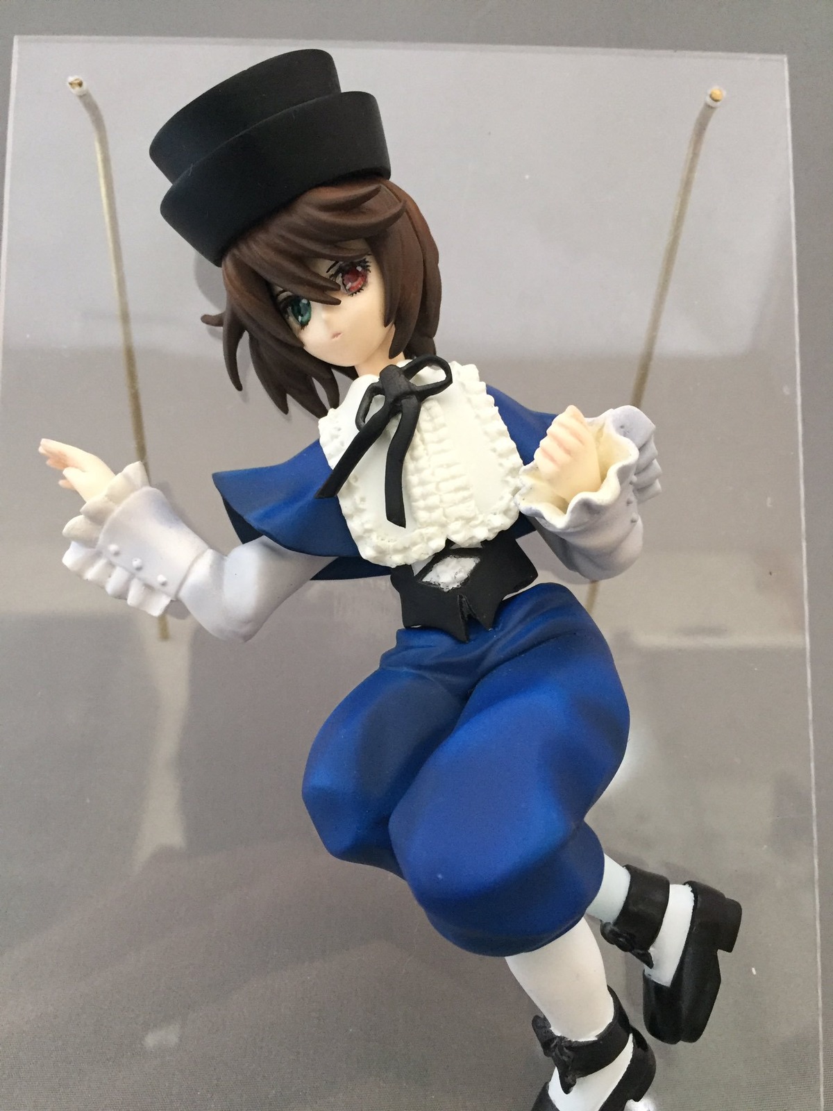 1girl black_footwear brown_hair doll frills full_body hat heterochromia long_sleeves looking_at_viewer pantyhose red_eyes ribbon short_hair solo souseiseki top_hat white_legwear