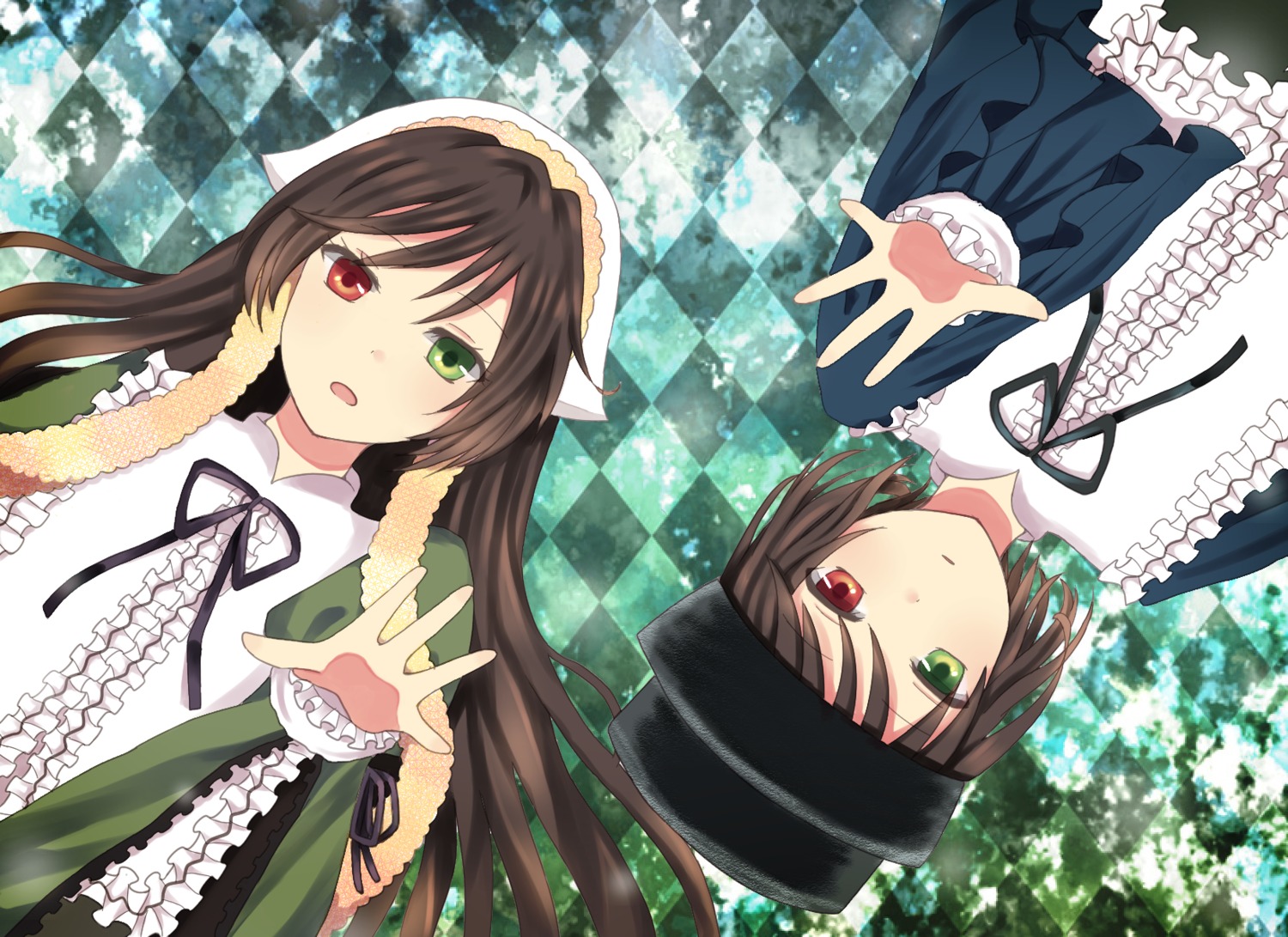 2girls argyle argyle_background board_game brown_hair checkered checkered_background checkered_floor checkered_kimono chess_piece dress frills green_dress green_eyes hat head_scarf heterochromia image long_hair long_sleeves multiple_girls neck_ribbon open_mouth outstretched_arm outstretched_hand pair plaid_background reaching red_eyes ribbon short_hair siblings sisters souseiseki suiseiseki tile_floor tiles top_hat twins