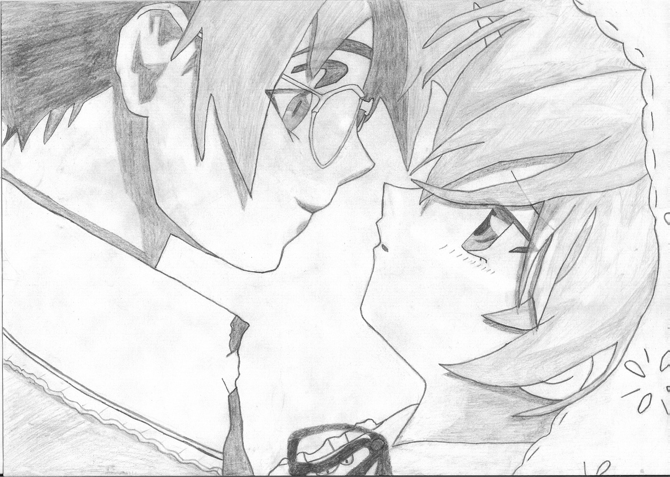 2boys close-up eye_contact face frown greyscale image looking_at_another monochrome multiple_boys sakurada_jun solo spiked_hair suiseiseki traditional_media