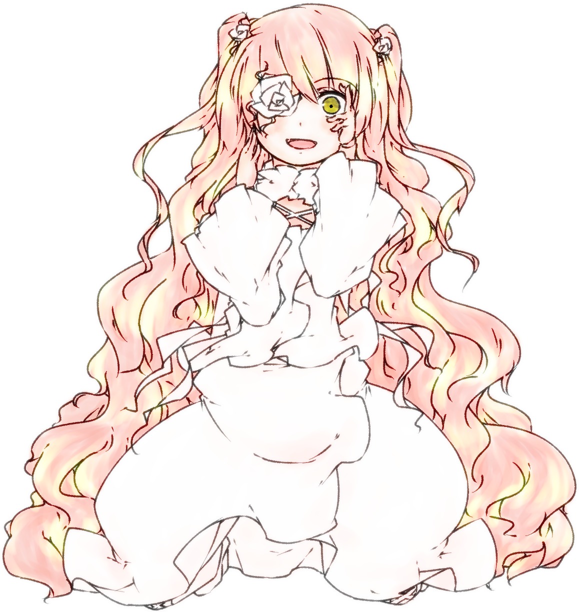 1girl blonde_hair dress eyepatch flower hair_flower hair_ornament image kirakishou long_hair open_mouth pink_hair smile solo two_side_up very_long_hair wavy_hair