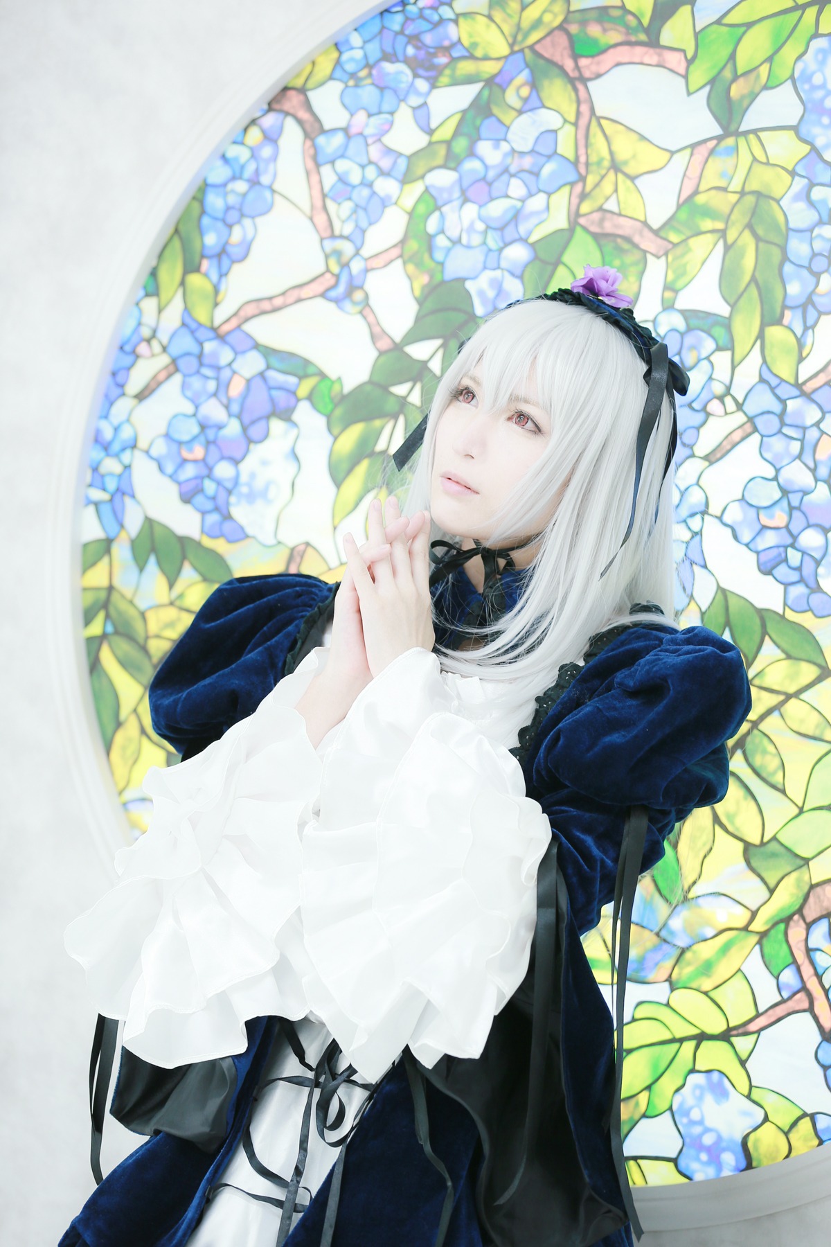 1girl dress flower frills hairband long_hair long_sleeves red_eyes solo suigintou white_hair