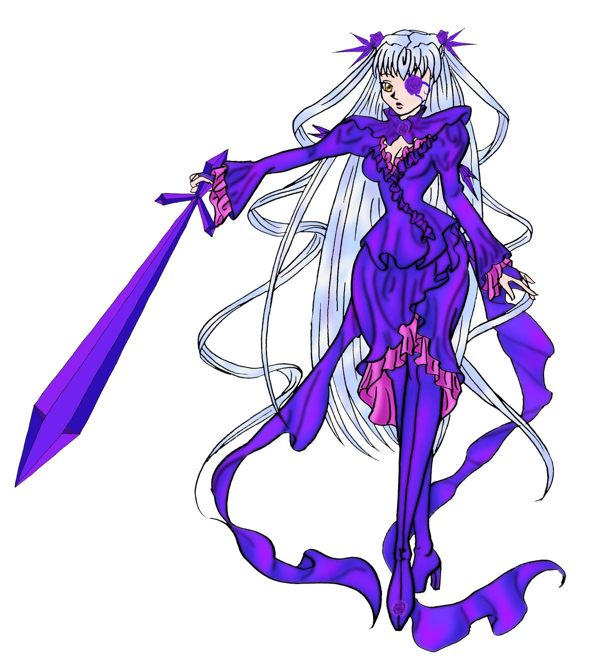 1girl barasuishou breasts closed_umbrella dress eyepatch frills full_body image long_hair long_sleeves pantyhose purple_dress ribbon solo standing striped umbrella vertical_stripes very_long_hair white_background yellow_eyes