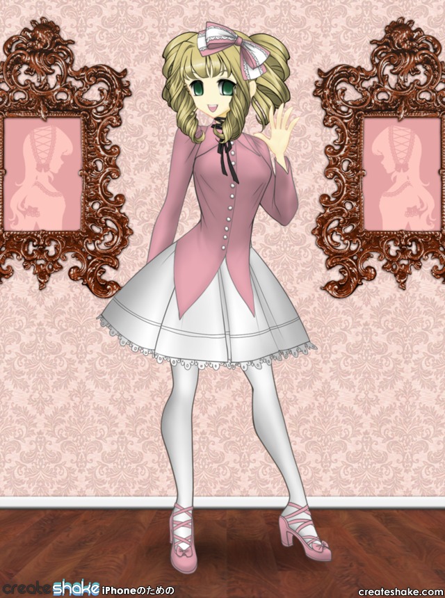 1girl blonde_hair bow curly_hair dress drill_hair frills full_body green_eyes hair_bow hina_ichigo hinaichigo image long_sleeves open_mouth pantyhose pink_bow pink_footwear ribbon shoes short_hair smile solo standing white_legwear