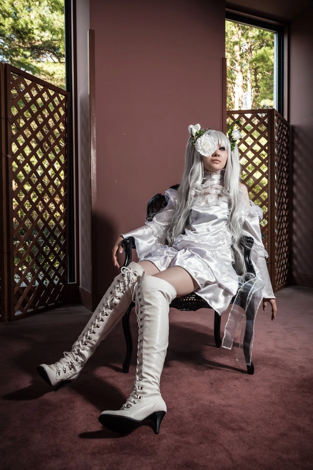 1girl boots chair cross-laced_footwear crossed_legs dress flower hair_flower hair_ornament high_heel_boots high_heels indoors kirakishou knee_boots long_hair sitting solo thigh_boots thighhighs white_dress white_footwear white_hair window