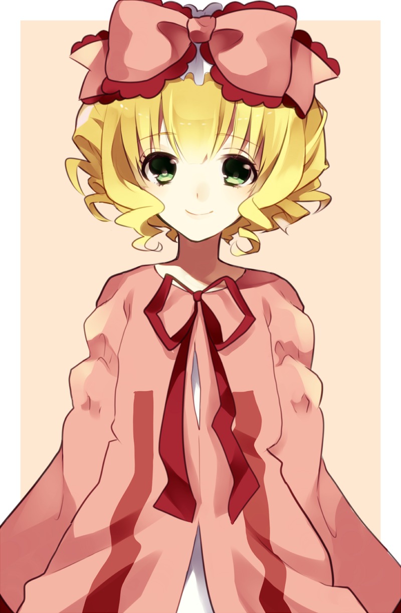 1girl blonde_hair bow dress green_eyes hair_bow hina_ichigo hinaichigo image long_sleeves looking_at_viewer pink_bow ribbon short_hair smile solo striped striped_background vertical_stripes