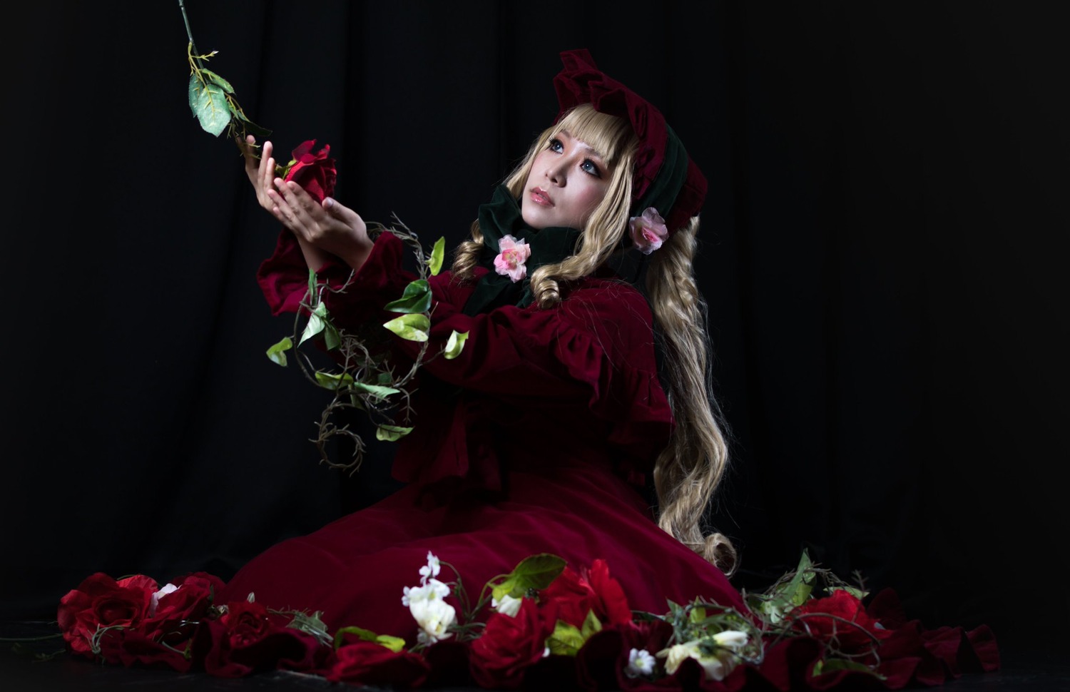 1girl black_background blonde_hair blue_eyes braid bug butterfly dress flower insect lips long_hair long_sleeves red_dress red_flower rose shinku solo