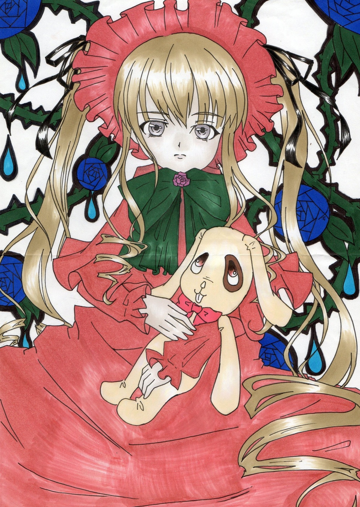 1girl blonde_hair blue_flower blue_rose dress flower image long_hair red_dress rose shinku solo thorns