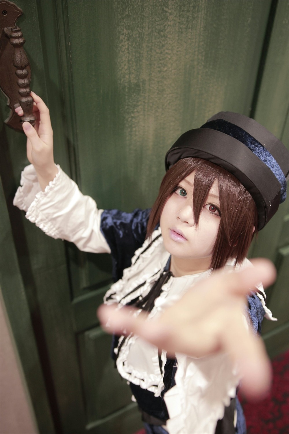 1girl 3d blurry brown_hair depth_of_field frills gun hair_between_eyes hat lips makeup outstretched_arm short_hair solo souseiseki weapon