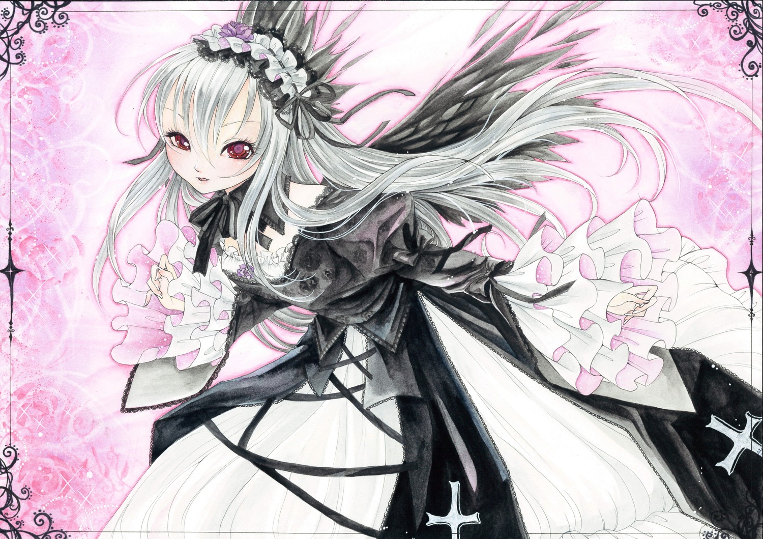 1girl black_dress black_ribbon dress flower frilled_sleeves frills hairband image lolita_hairband long_hair long_sleeves looking_at_viewer marker_(medium) red_eyes ribbon rose silver_hair solo suigintou traditional_media wide_sleeves wings