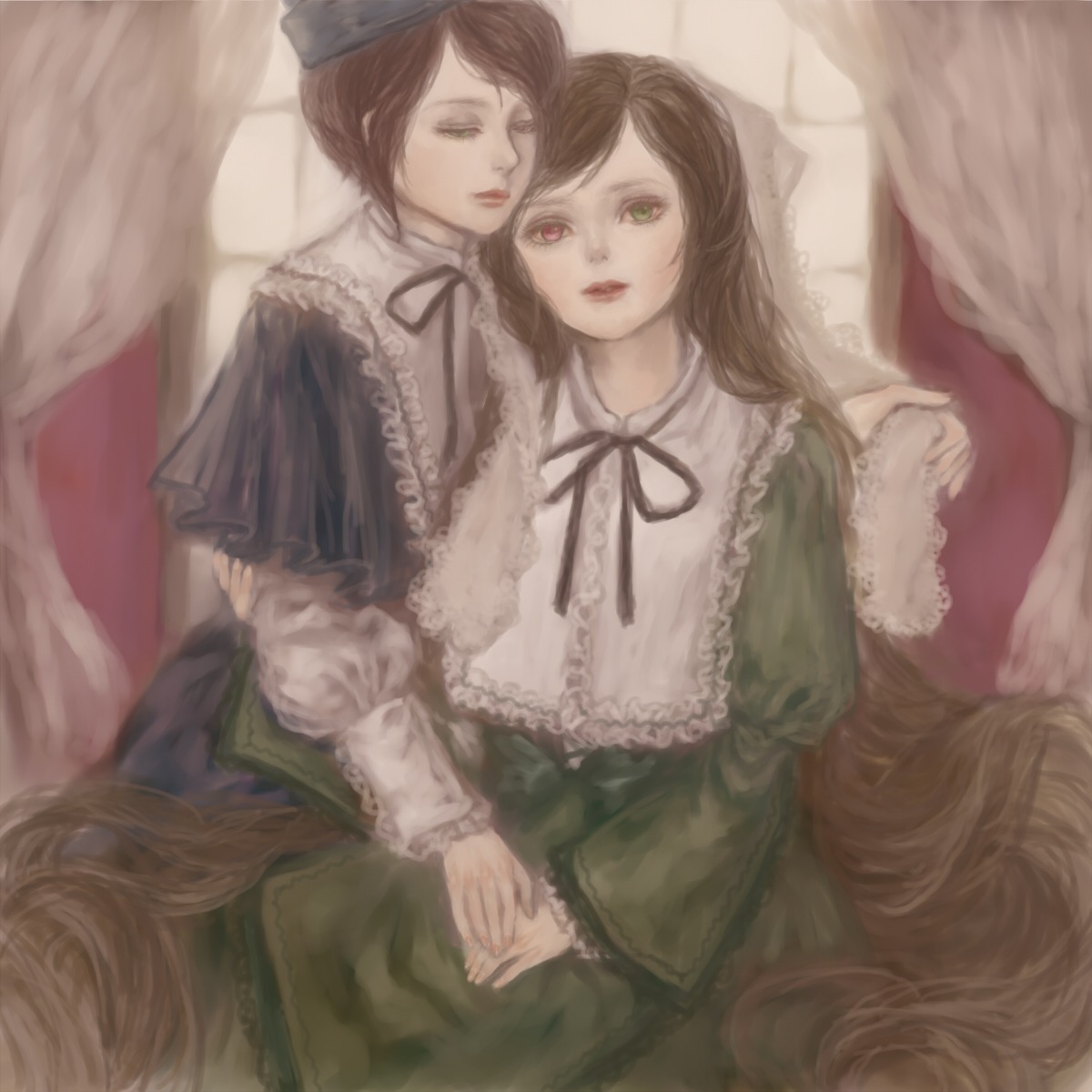 2girls bad_id bad_pixiv_id brown_hair closed_eyes dress green_dress green_eyes hairband hat heterochromia highres holding_hands image lips long_hair long_sleeves multiple_girls pair rozen_maiden short_hair siblings sisters sitting souseiseki suiseiseki swept_bangs twins very_long_hair yukishiro_(hitsuji)