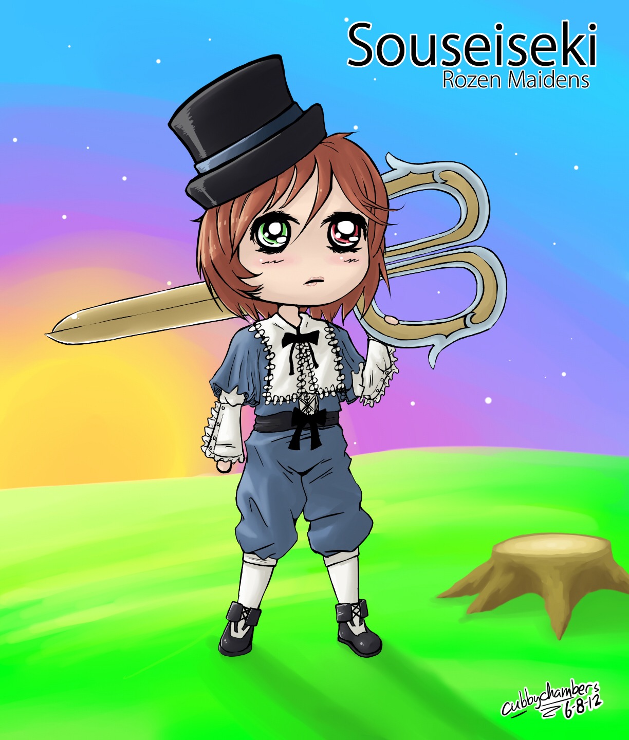 1girl artist_name brown_hair dated full_body green_eyes hat heterochromia image long_sleeves pants red_eyes short_hair solo souseiseki standing top_hat
